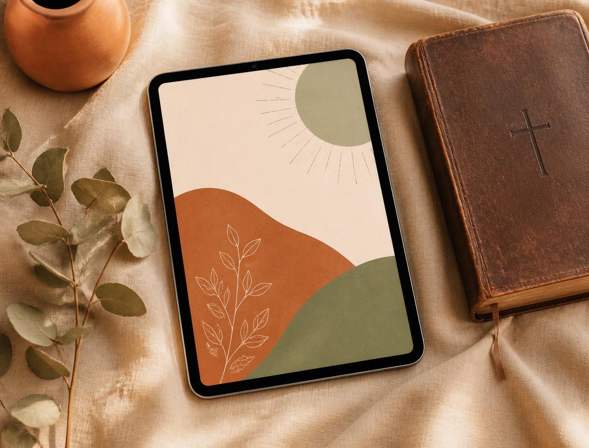Ebook aberto em um tablet ao lado de uma Bíblia de couro